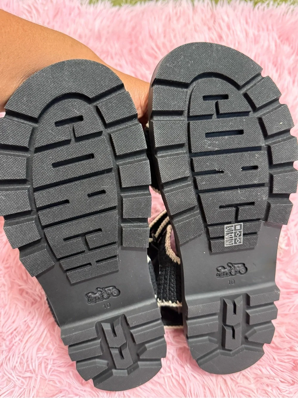 Coach Black Sandals with Cream Crochet Trim